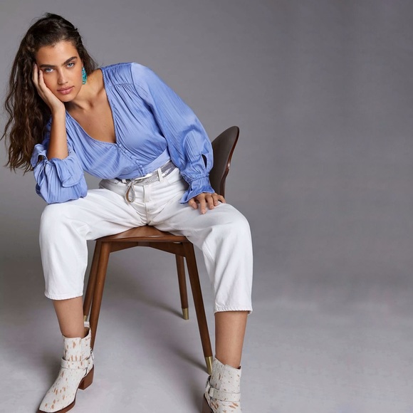 NWT Anthropologie Baby Blue Satin Puff Sleeved Pull Over Blouse - Picture 2 of 6